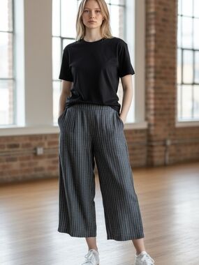 Eileen Fisher Organic Linen Delave Pinstripe Wide-Leg Cropped Pants